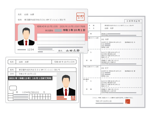 Driver's license, family register, My Number card, etc.