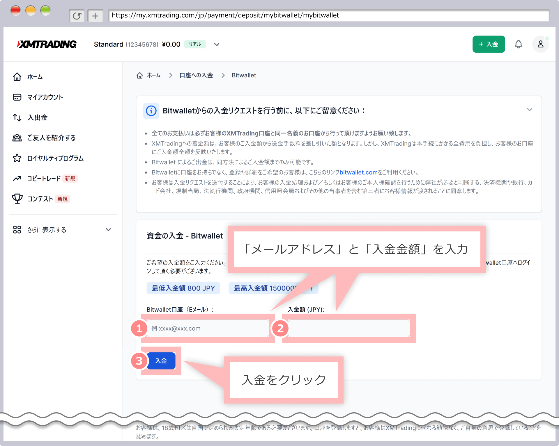 Funds deposit screen (bitwallet)