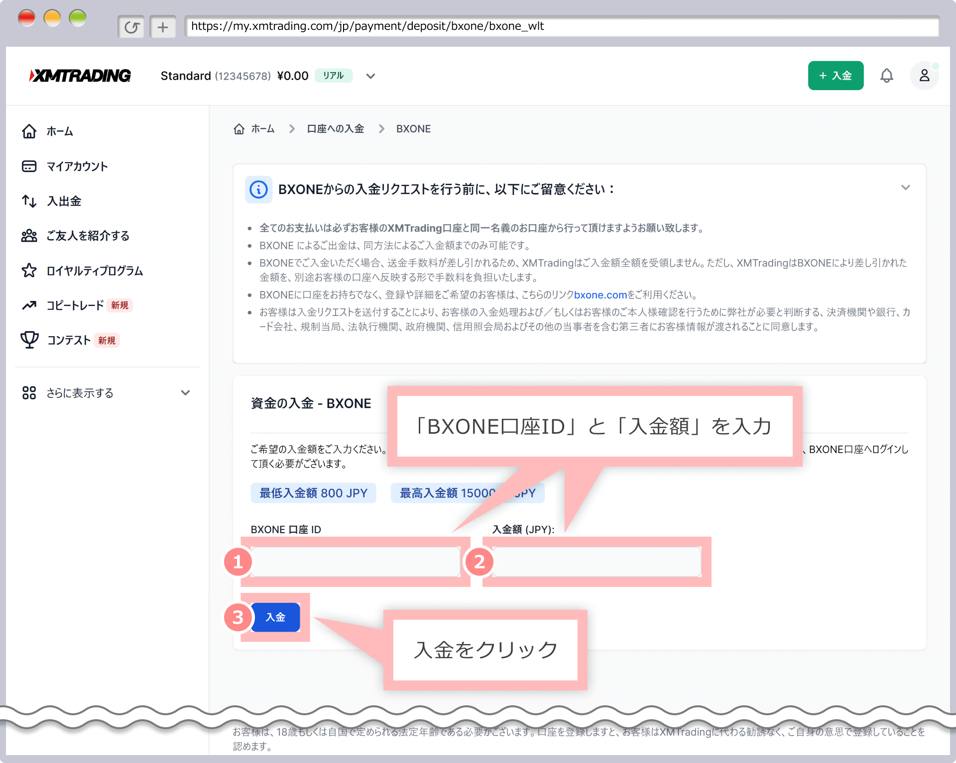 Funds deposit screen (BXONE)