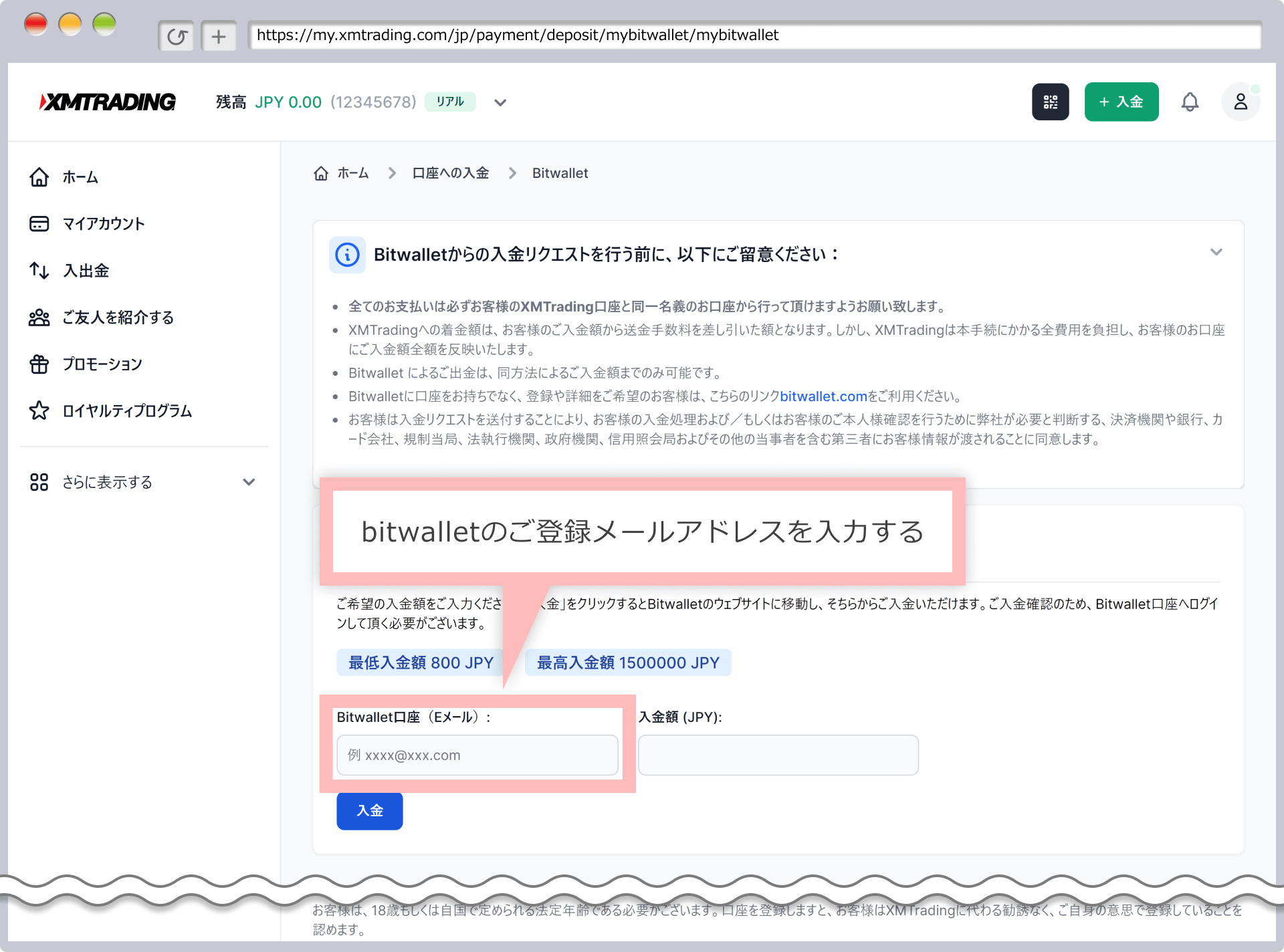 XM Fund Deposit Screen (bitwallet/STICPAY)